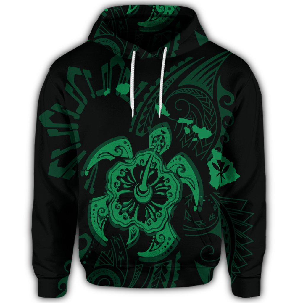 Hawaiian Map Kanaka Hibiscus Turtle Green Polynesian Hoodie - Polynesian Pride
