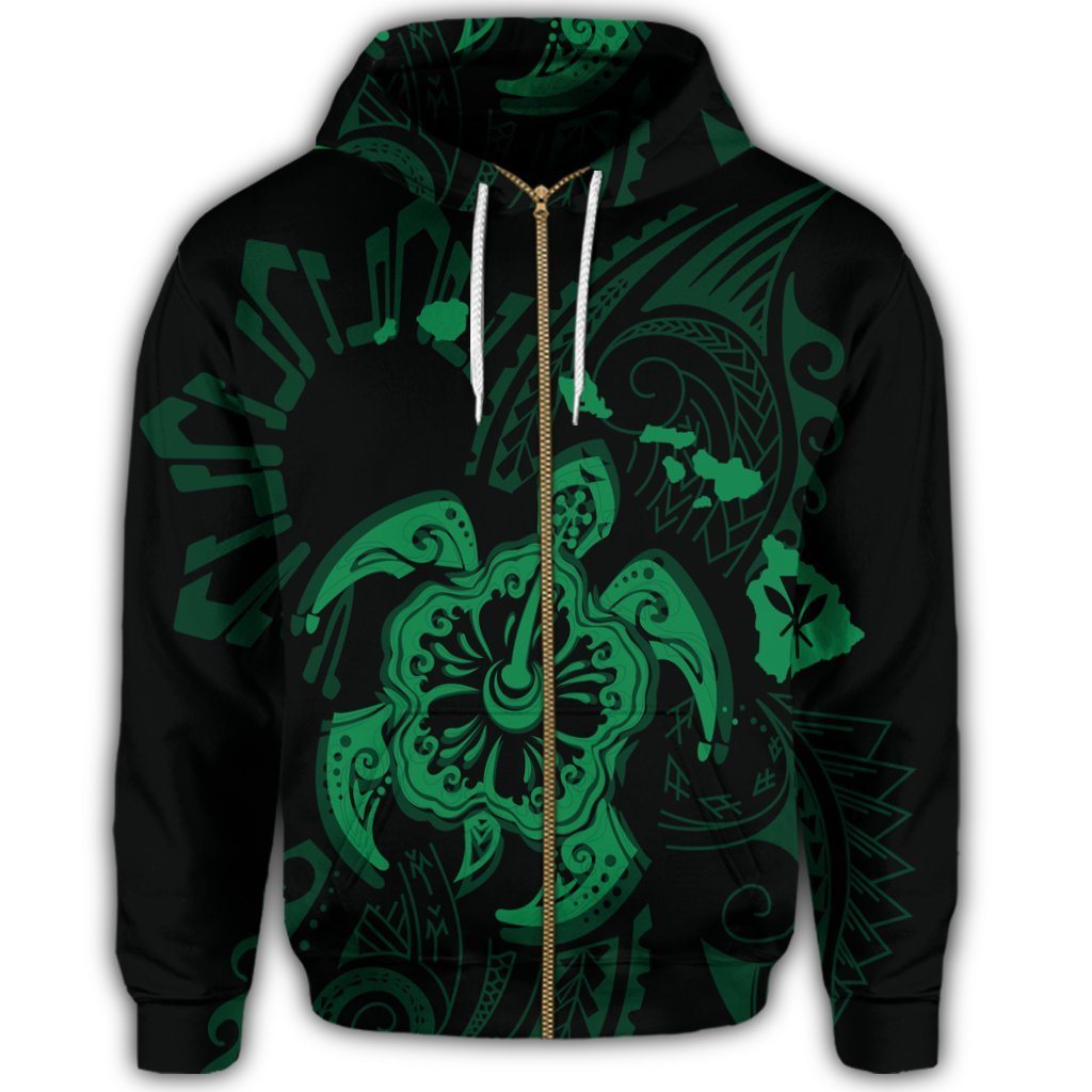 Hawaiian Map Kanaka Hibiscus Turtle Green Polynesian Zip Hoodie - Polynesian Pride