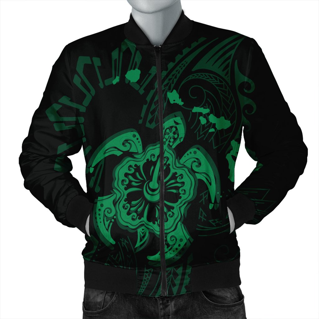 Hawaiian Map Kanaka Hibiscus Turtle Green Polynesian Bomber Jacket - AH Black Unisex - Polynesian Pride