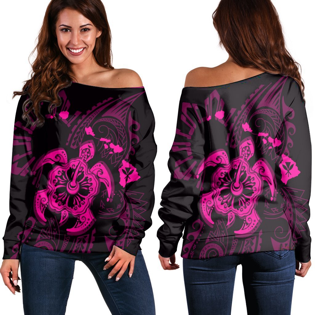 Hawaiian Map Kanaka Hibiscus Turtle Pink Polynesian Women's Off Shoulder Sweater - AH Black - Polynesian Pride