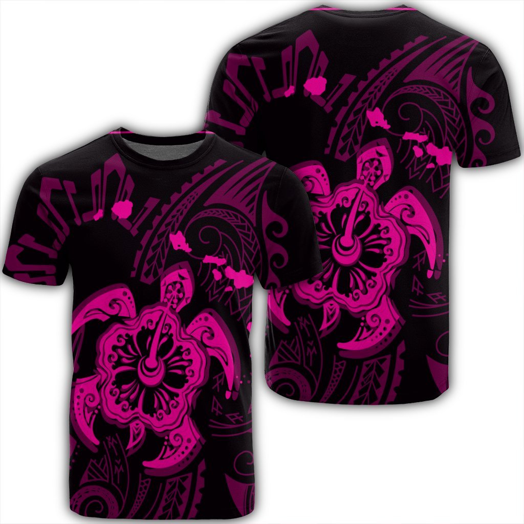 Hawaiian Map Kanaka Hibiscus Turtle Pink Polynesian T Shirt Unisex Black - Polynesian Pride