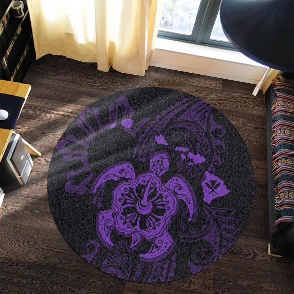 Hawaiian Map Kanaka Hibiscus Turtle Purple Polynesian Round Carpet - AH - Polynesian Pride