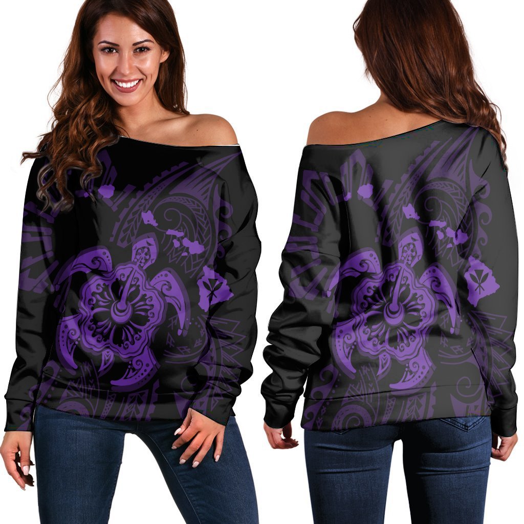 Hawaiian Map Kanaka Hibiscus Turtle Purple Polynesian Women's Off Shoulder Sweater - AH Black - Polynesian Pride