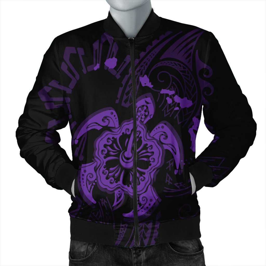 Hawaiian Map Kanaka Hibiscus Turtle Purple Polynesian Bomber Jacket - AH Black Unisex - Polynesian Pride