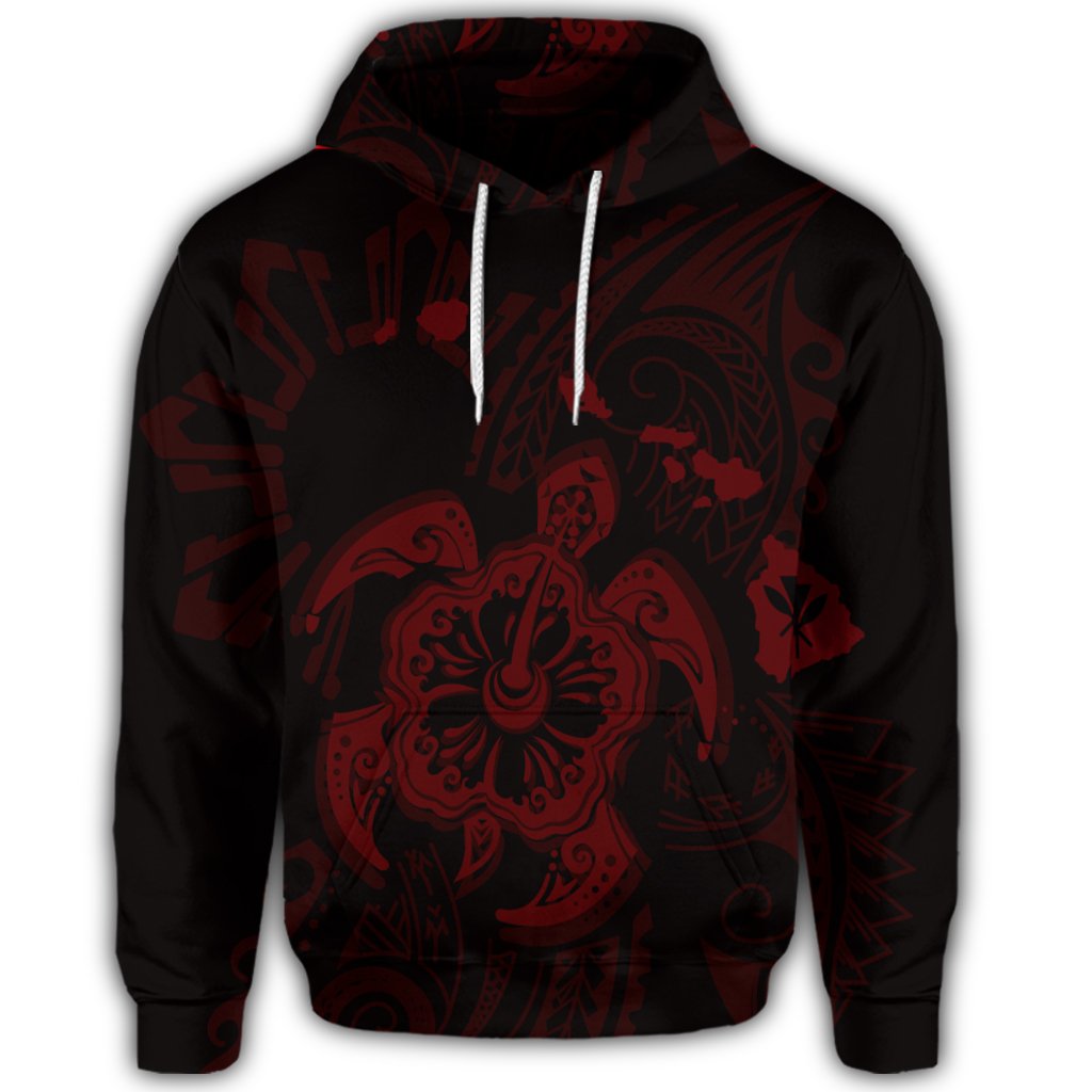 Hawaiian Map Kanaka Hibiscus Turtle Red Polynesian Hoodie - Polynesian Pride