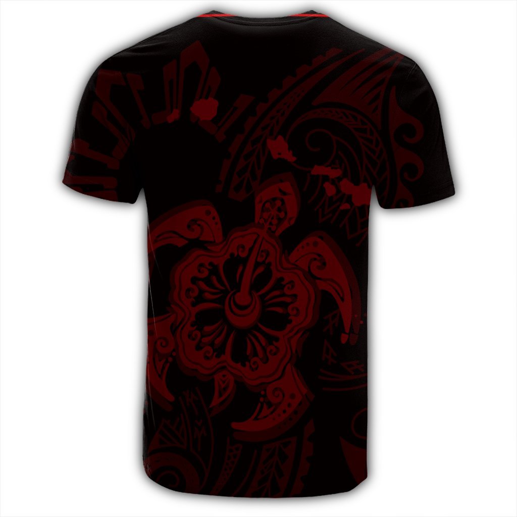 Hawaiian Map Kanaka Hibiscus Turtle Red Polynesian T Shirt - Polynesian Pride