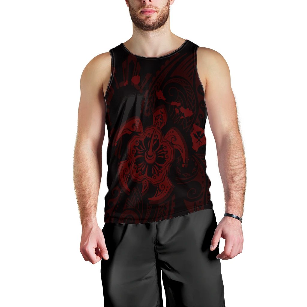 Hawaiian Map Kanaka Hibiscus Turtle Red Polynesian Tank Top - AH Black - Polynesian Pride