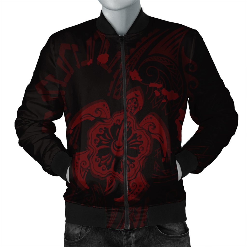 Hawaiian Map Kanaka Hibiscus Turtle Red Polynesian Bomber Jacket - AH Black Unisex - Polynesian Pride