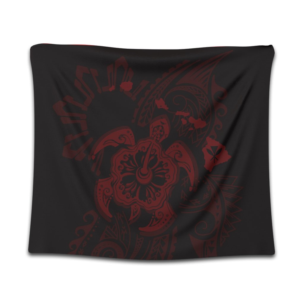 Hawaiian Map Kanaka Hibiscus Turtle Red Polynesian Tapestry - AH Wall Tapestry Black - Polynesian Pride