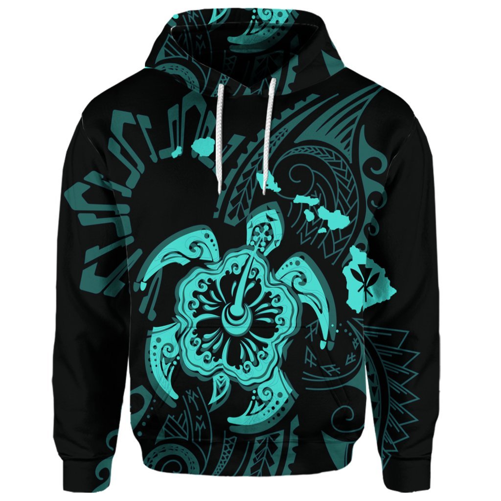 Custom Hawaiian Map Kanaka Hibiscus Turtle Turquoise Polynesian Hoodie - Polynesian Pride