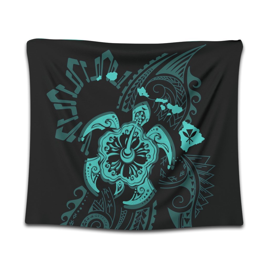 Hawaiian Map Kanaka Hibiscus Turtle Turquoise Polynesian Tapestry - AH Wall Tapestry Black - Polynesian Pride