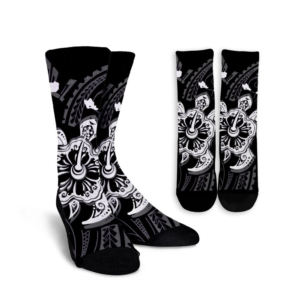 Hawaiian Map Kanaka Hibiscus Turtle White Polynesian Crew Socks - AH Crew Socks White - Polynesian Pride