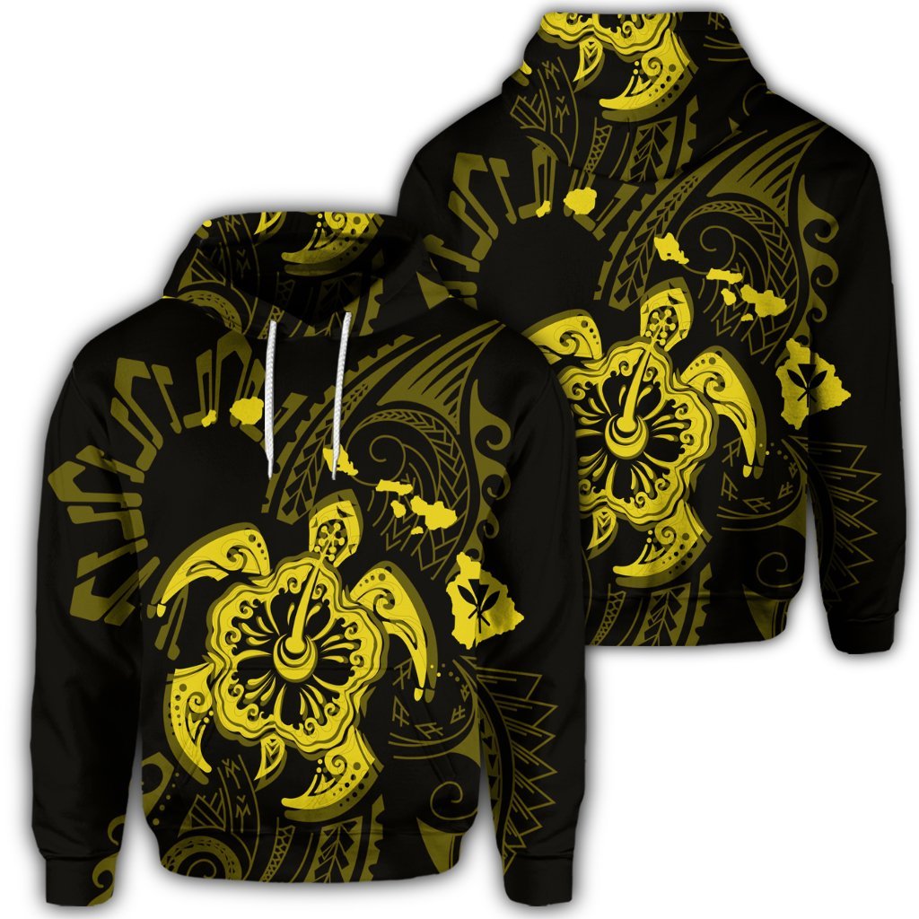 Hawaiian Map Kanaka Hibiscus Turtle Yellow Polynesian Hoodie Unisex Art - Polynesian Pride