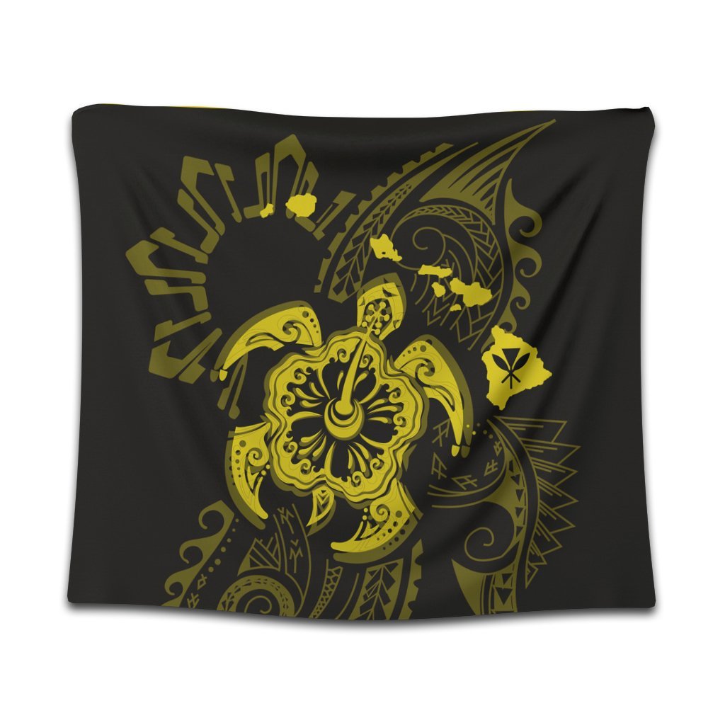 Hawaiian Map Kanaka Hibiscus Turtle Yellow Polynesian Tapestry - AH Wall Tapestry Black - Polynesian Pride