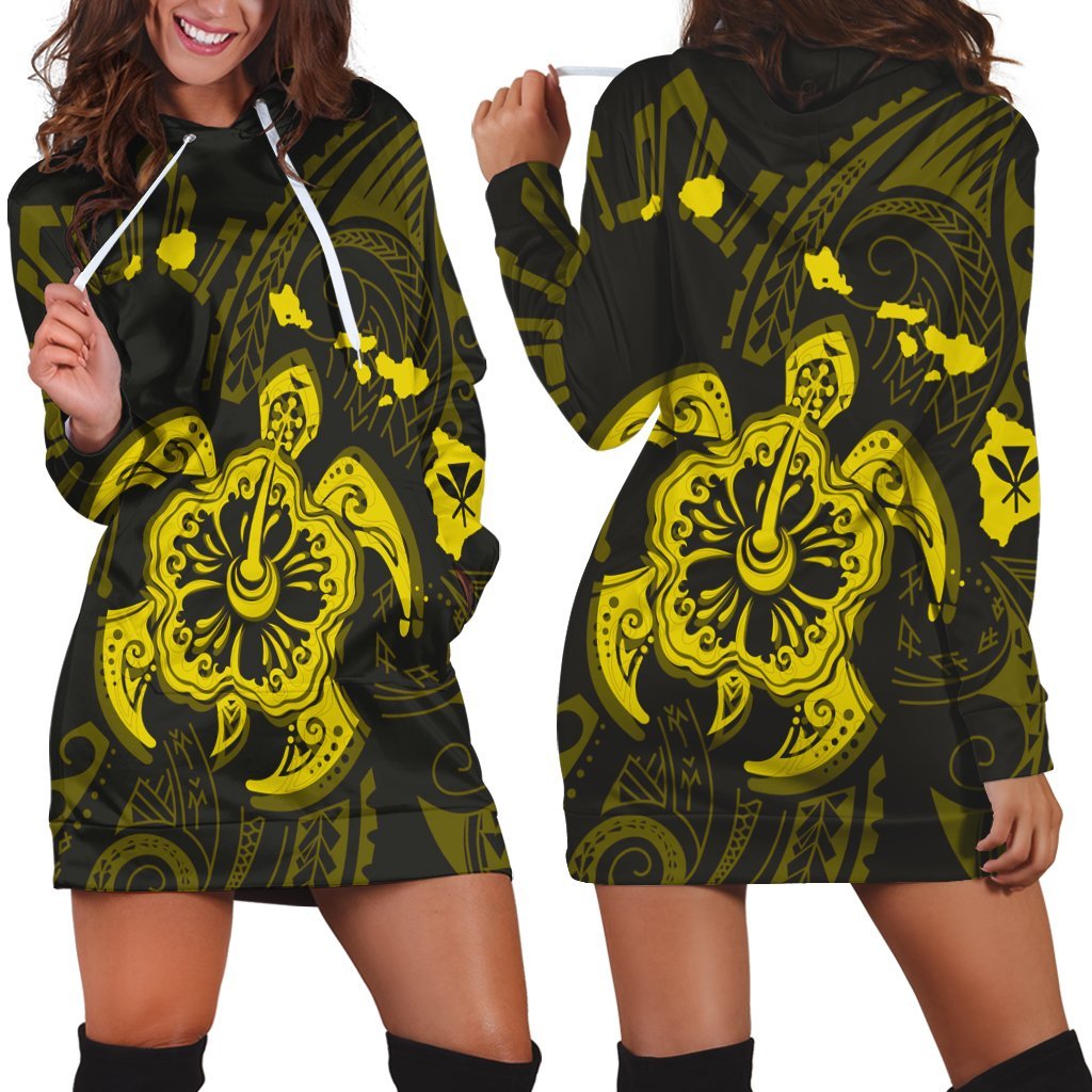 Hawaiian Map Kanaka Hibiscus Turtle Yellow Polynesian Hoodie Dress - AH Black - Polynesian Pride