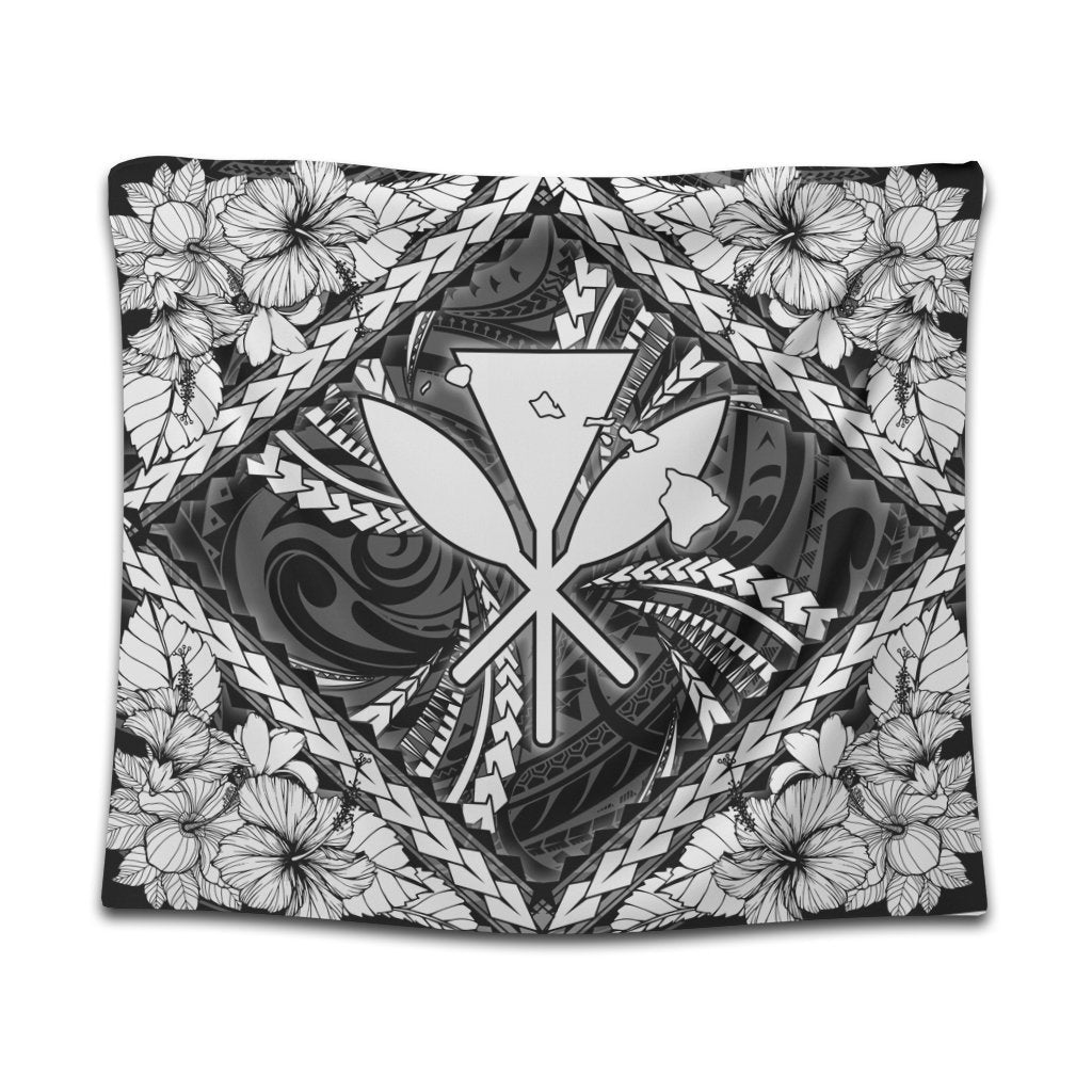 Hawaiian Map Kanaka Hibiscus White Polynesian Tapestry - AH Wall Tapestry Black - Polynesian Pride