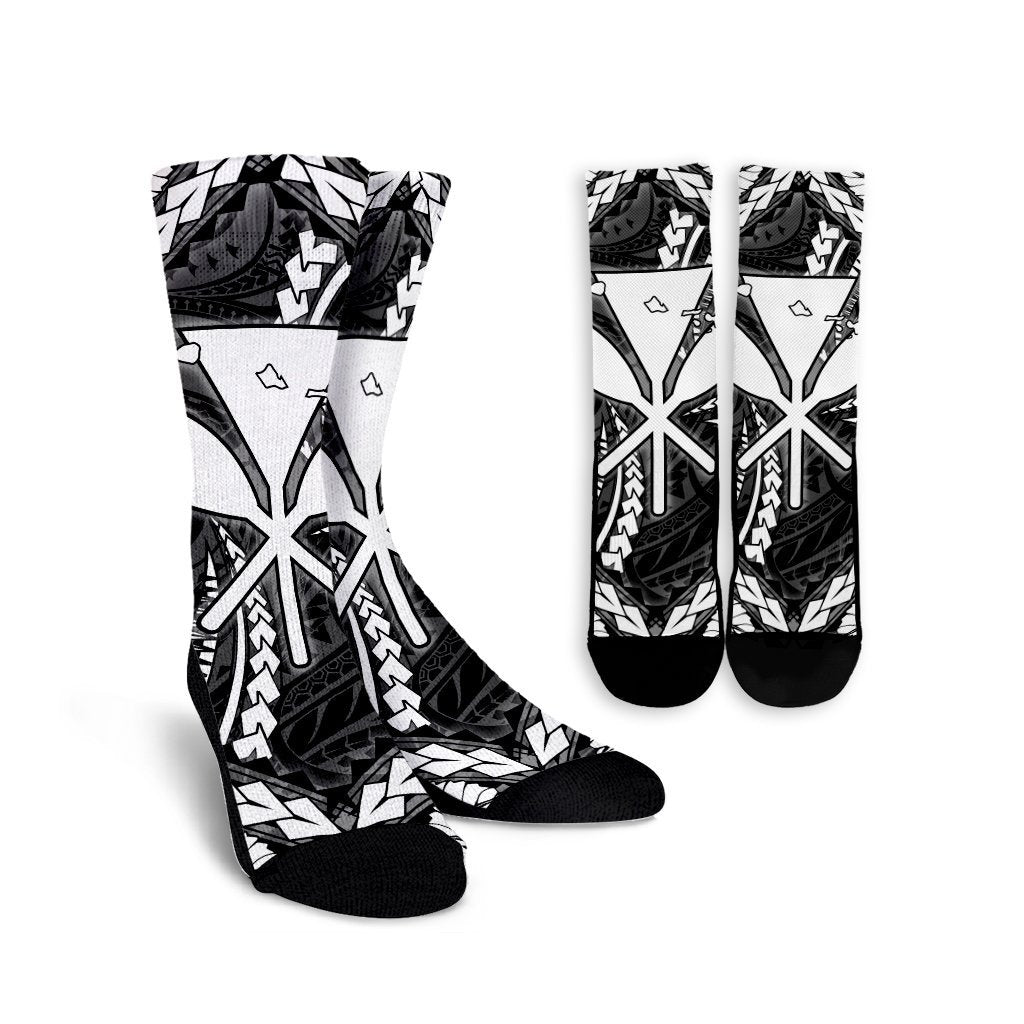 Hawaiian Map Kanaka Hibiscus White Polynesian Crew Socks - AH Crew Socks White - Polynesian Pride