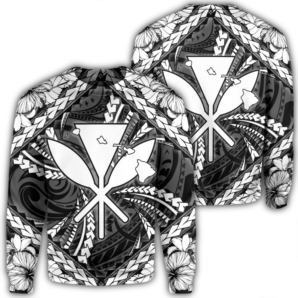 Hawaiian Map Kanaka Hibiscus White Polynesian Sweatshirt - AH Unisex Black - Polynesian Pride