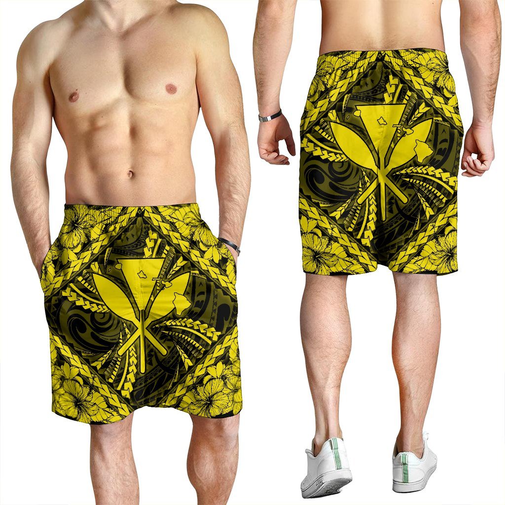 Hawaiian Map Kanaka Hibiscus Yellow Polynesian Men's Shorts - AH - Polynesian Pride