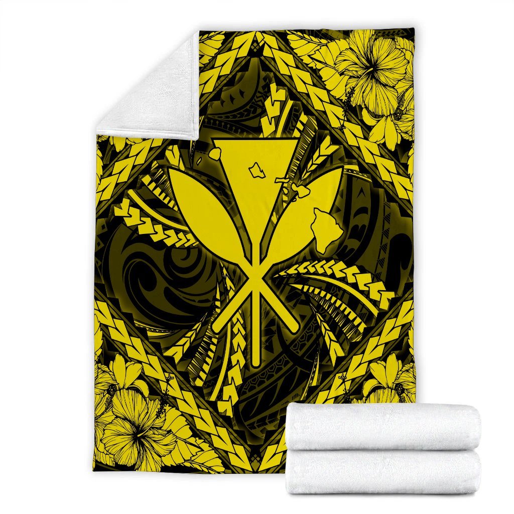 Hawaiian Map Kanaka Hibiscus Yellow Polynesian Premium Blankets - AH - Polynesian Pride