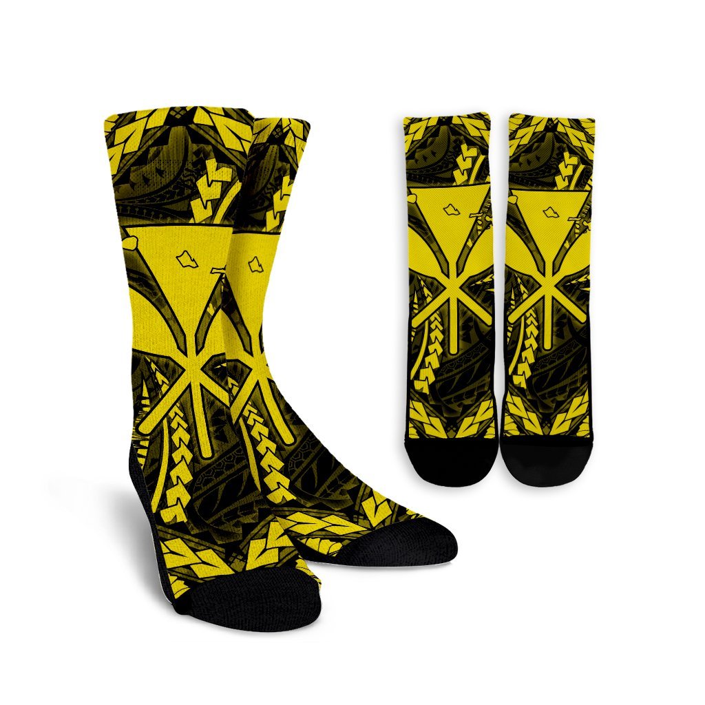 Hawaiian Map Kanaka Hibiscus Yellow Polynesian Crew Socks - AH Crew Socks White - Polynesian Pride