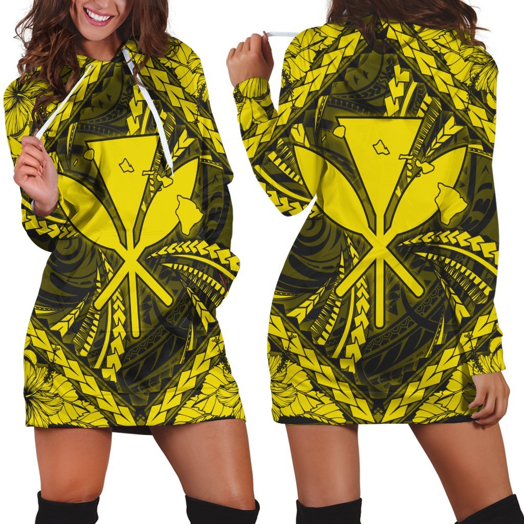 Hawaiian Map Kanaka Hibiscus Yellow Polynesian Hoodie Dress - AH Black - Polynesian Pride