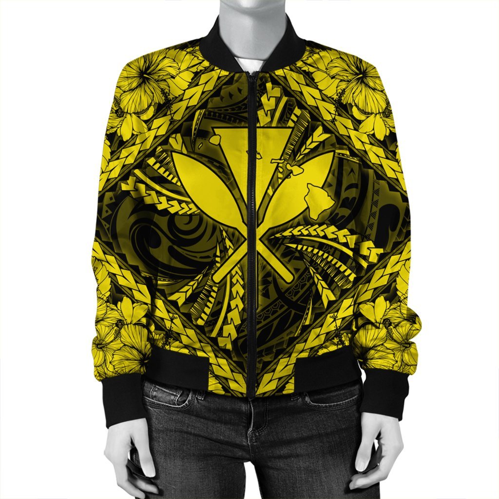 Hawaiian Map Kanaka Hibiscus Yellow Polynesian Bomber Jacket - AH - Polynesian Pride