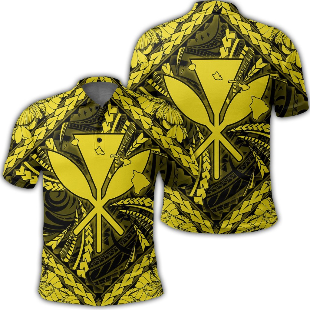 Hawaiian Map Kanaka Hibiscus Yellow Polynesian Polo Shirt Unisex Black - Polynesian Pride