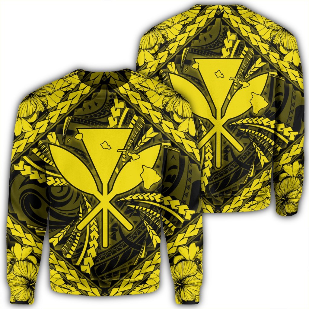 Hawaiian Map Kanaka Hibiscus Yellow Polynesian Sweatshirt - AH Unisex Black - Polynesian Pride