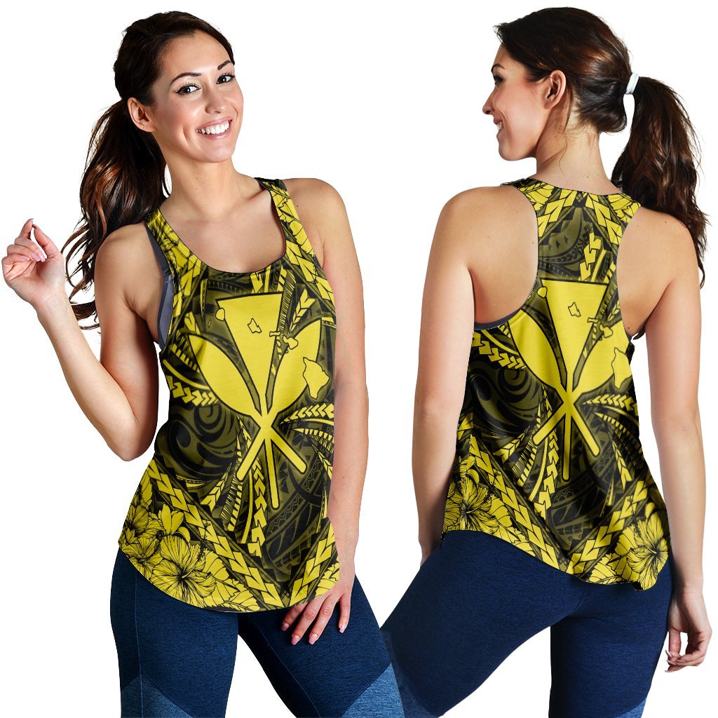Hawaiian Map Kanaka Hibiscus Yellow Polynesian Racerback Tank - AH Black - Polynesian Pride
