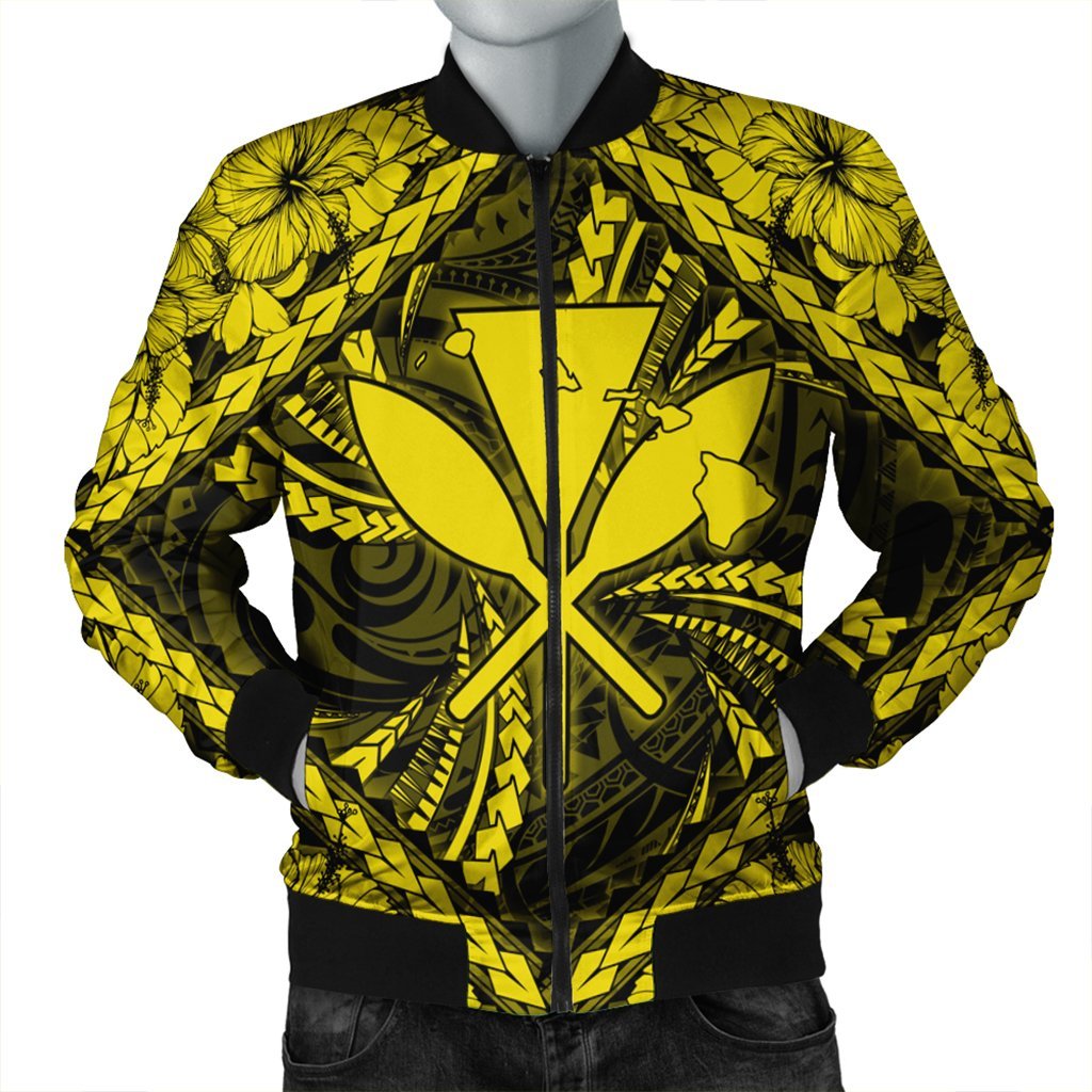 Hawaiian Map Kanaka Hibiscus Yellow Polynesian Bomber Jacket - AH Black Unisex - Polynesian Pride