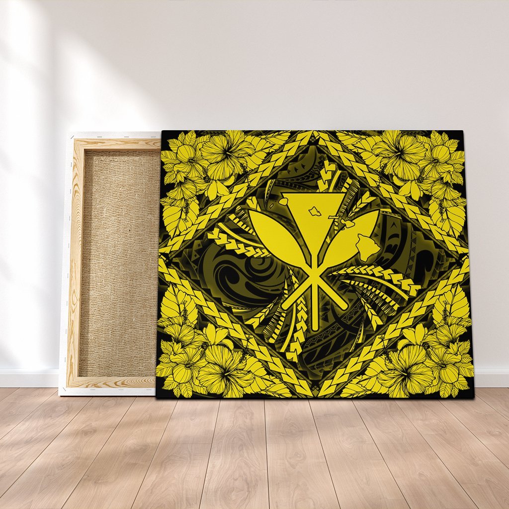 Hawaiian Map Kanaka Hibiscus Yellow Polynesian Canvas - AH Canvas Poly-cotton - Polynesian Pride