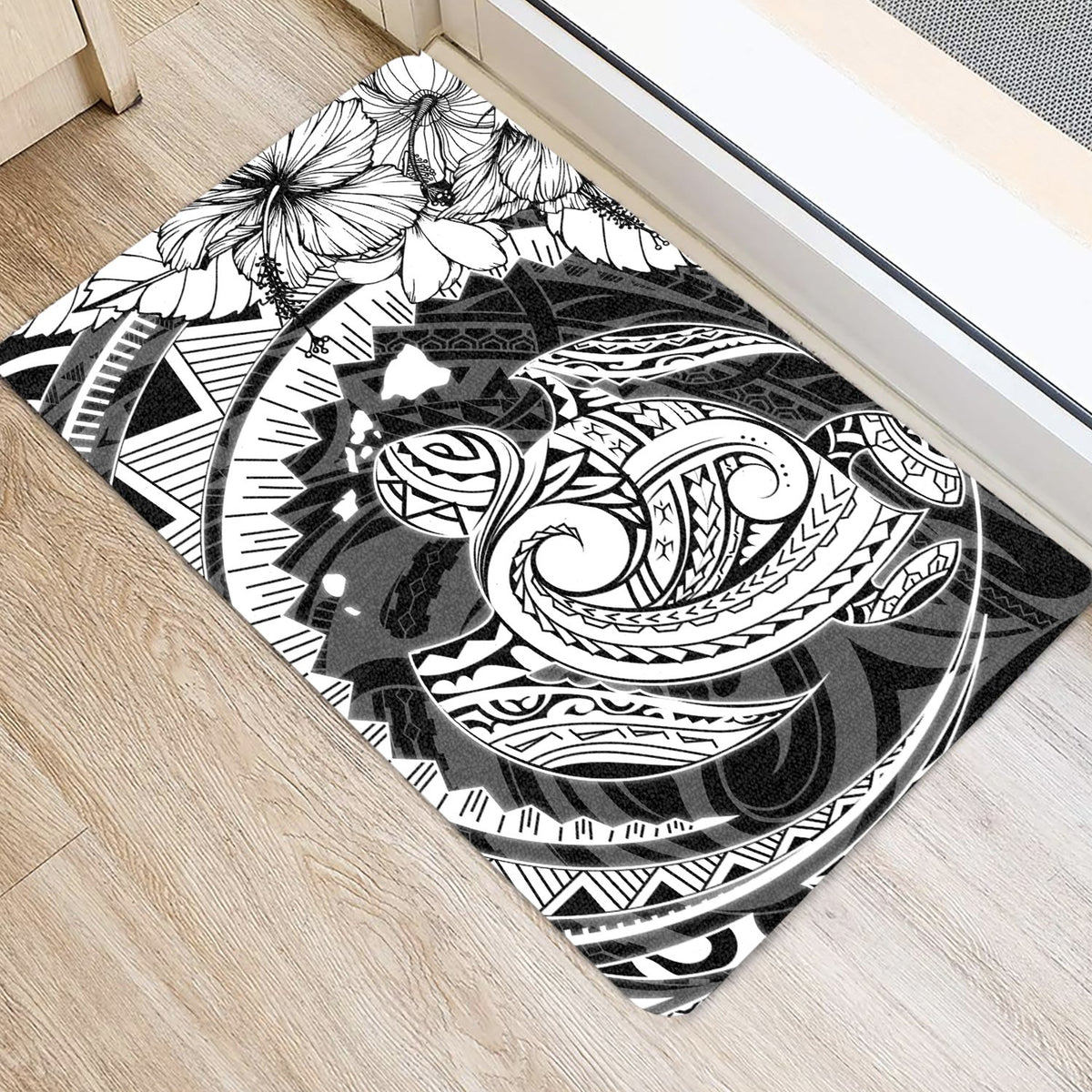 Hawaiian Map Kanaka Honu Hibiscus Globular Polynesian Door Mat White AH - Polynesian Pride