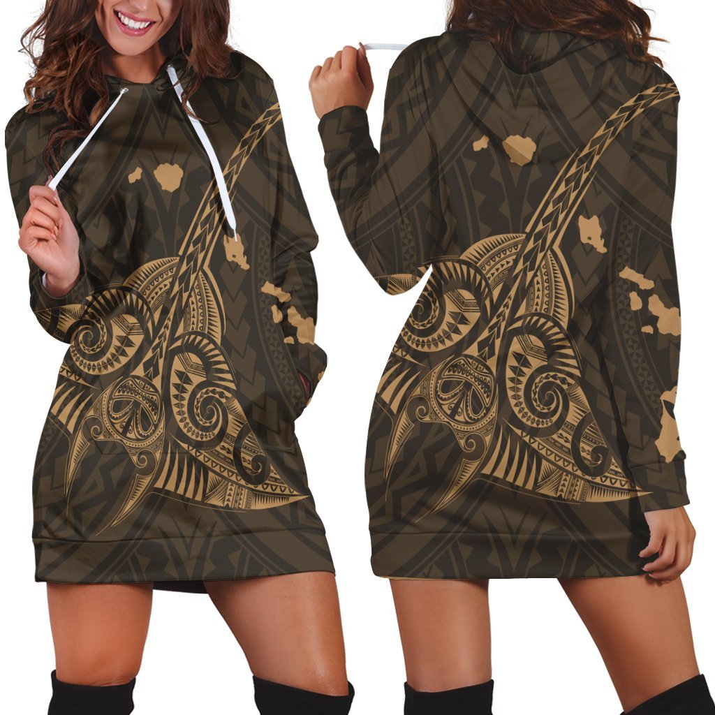 Hawaiian Map Kanaka Manta Ray Polynesian Hoodie Dress Gold - AH Black - Polynesian Pride