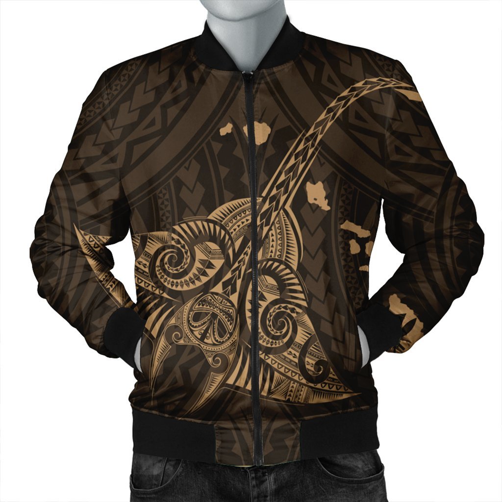 Hawaiian Map Kanaka Manta Ray Polynesian Bomber Jacket Gold - AH Black Unisex - Polynesian Pride