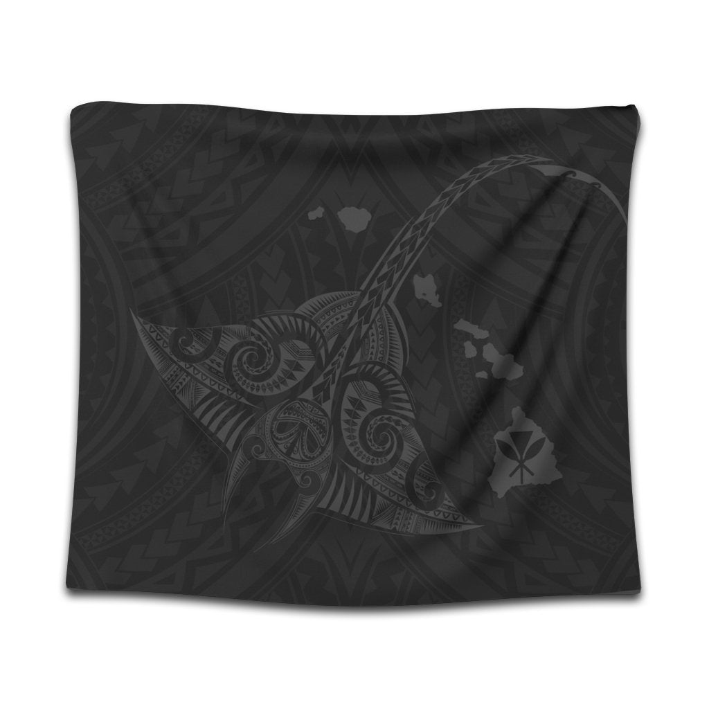 Hawaiian Map Kanaka Manta Ray Polynesian Tapestry Gray - AH Wall Tapestry Black - Polynesian Pride