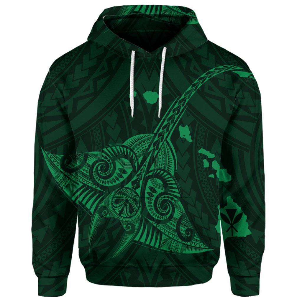 Custom Hawaiian Map Kanaka Manta Ray Polynesian Hoodie Green - Polynesian Pride