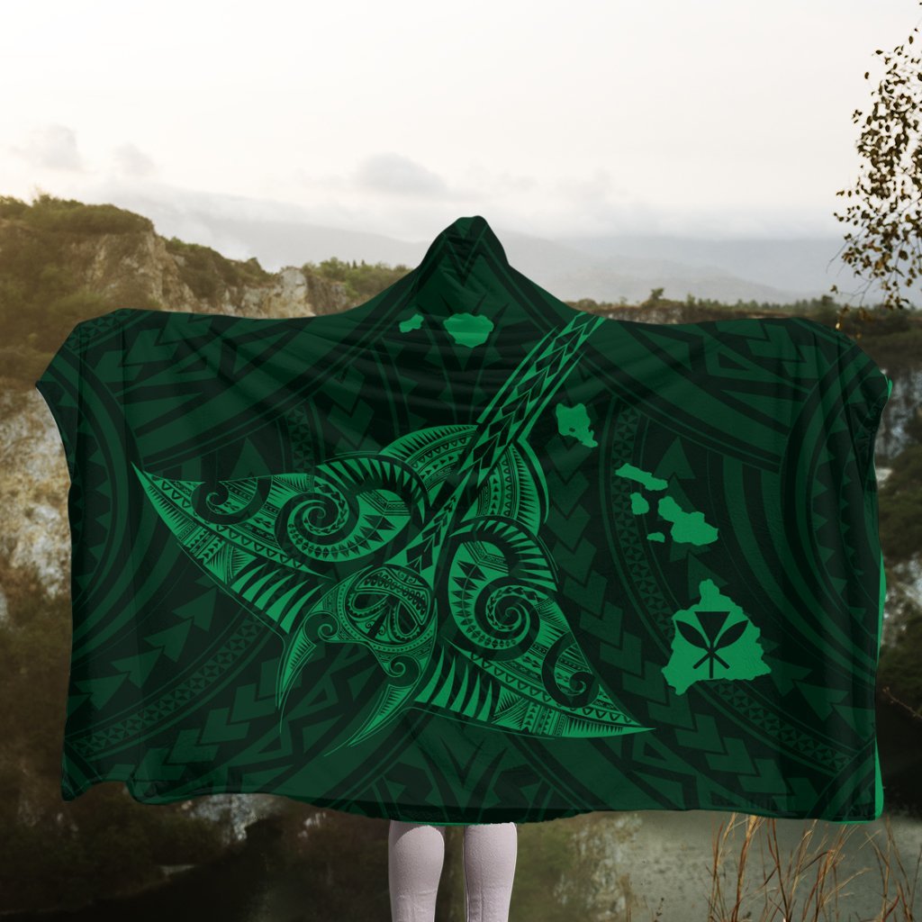 Hawaiian Map Kanaka Manta Ray Polynesian Hooded Blanket Green - AH - Polynesian Pride