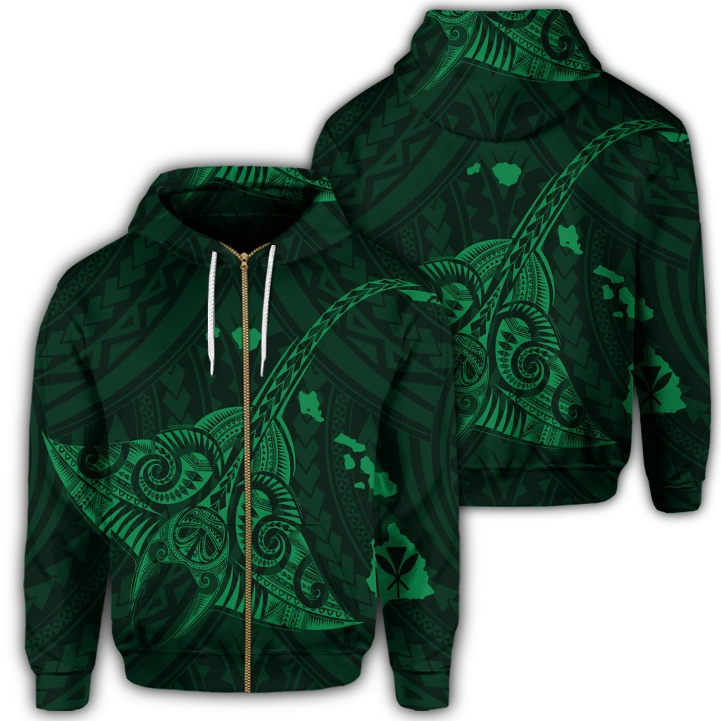 Hawaiian Map Kanaka Manta Ray Polynesian Zip Hoodie Green Unisex Art - Polynesian Pride