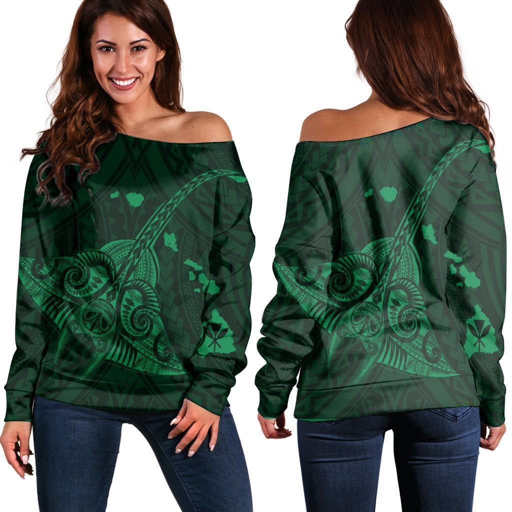 Hawaiian Map Kanaka Manta Ray Polynesian Women's Off Shoulder Sweater Green - AH Black - Polynesian Pride