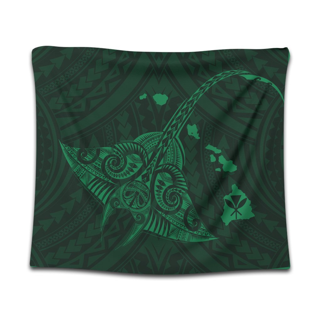 Hawaiian Map Kanaka Manta Ray Polynesian Tapestry Green - AH Wall Tapestry Black - Polynesian Pride