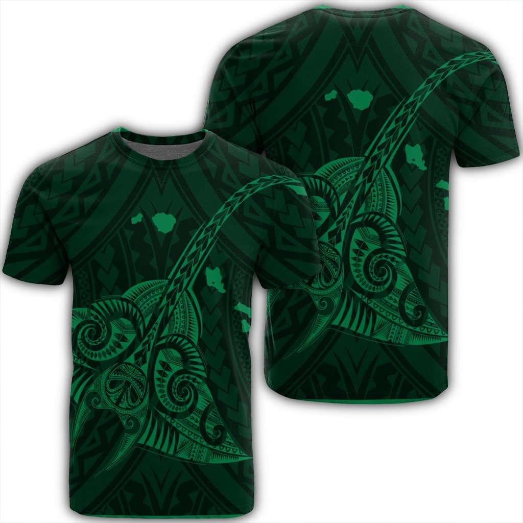 Hawaiian Map Kanaka Manta Ray Polynesian T Shirt Green Unisex Black - Polynesian Pride