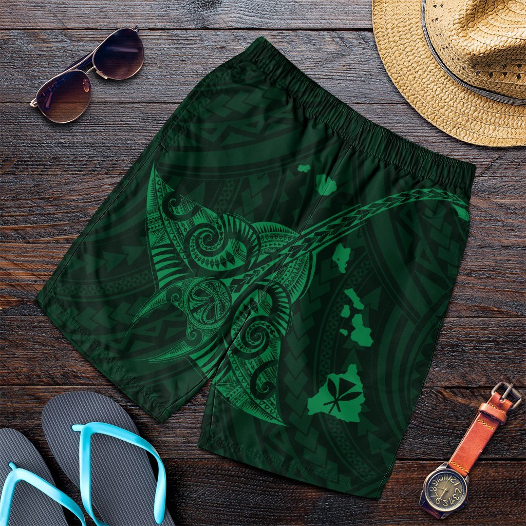 Hawaiian Map Kanaka Manta Ray Polynesian Men's Shorts Green - AH Art - Polynesian Pride
