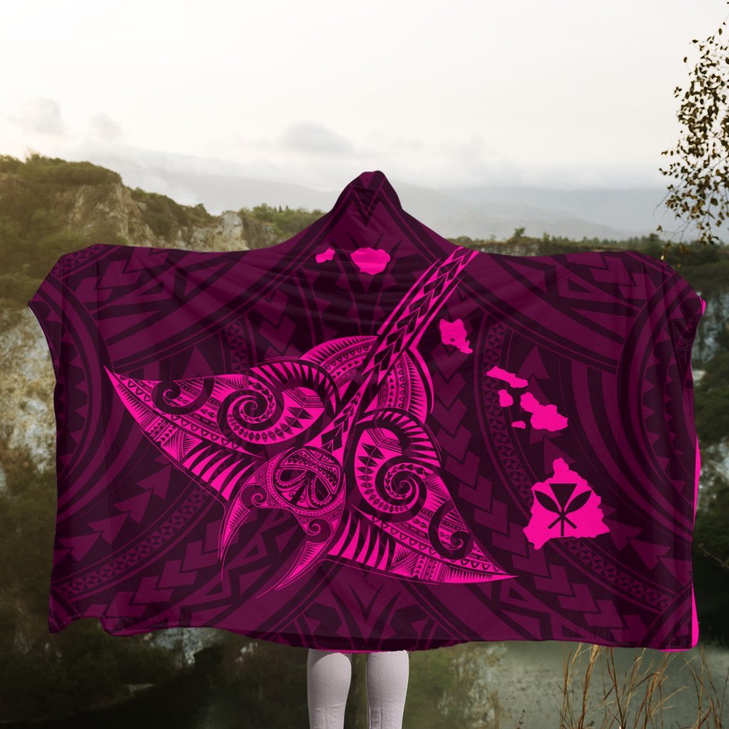 Hawaiian Map Kanaka Manta Ray Polynesian Hooded Blanket Pink - AH - Polynesian Pride
