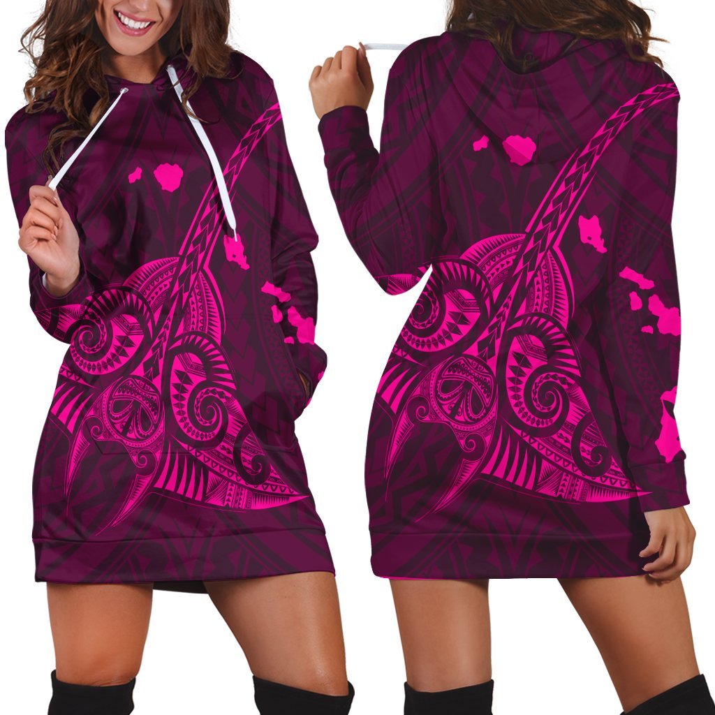 Hawaiian Map Kanaka Manta Ray Polynesian Hoodie Dress Pink - AH Black - Polynesian Pride