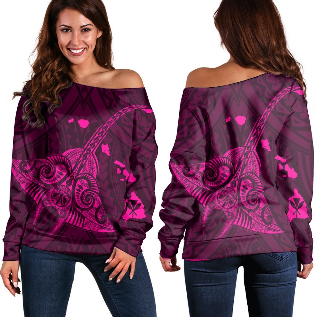 Hawaiian Map Kanaka Manta Ray Polynesian Women's Off Shoulder Sweater Pink - AH Black - Polynesian Pride