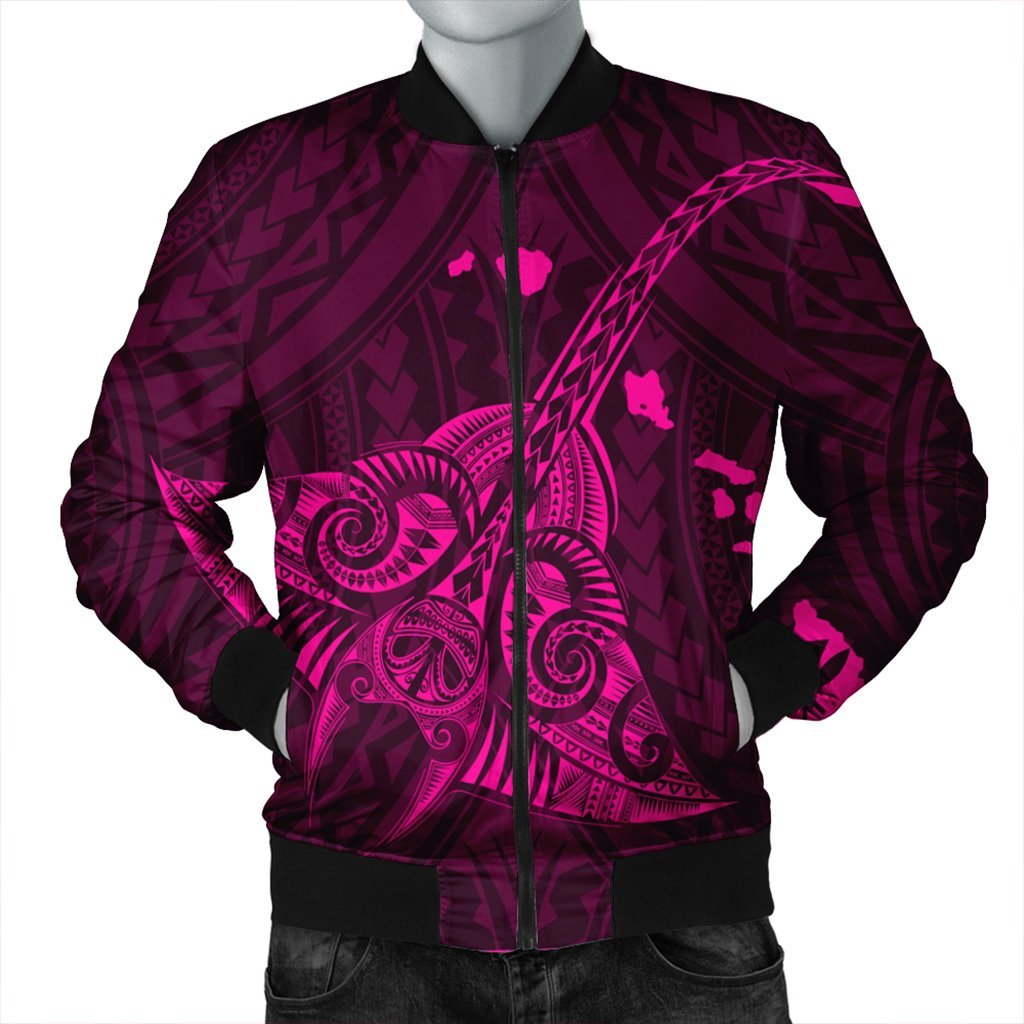 Hawaiian Map Kanaka Manta Ray Polynesian Bomber Jacket Pink - AH Black Unisex - Polynesian Pride