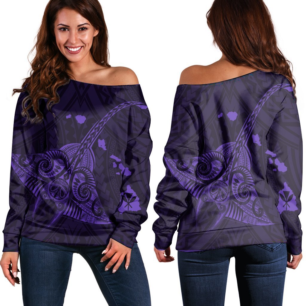 Hawaiian Map Kanaka Manta Ray Polynesian Women's Off Shoulder Sweater Purple - AH Black - Polynesian Pride