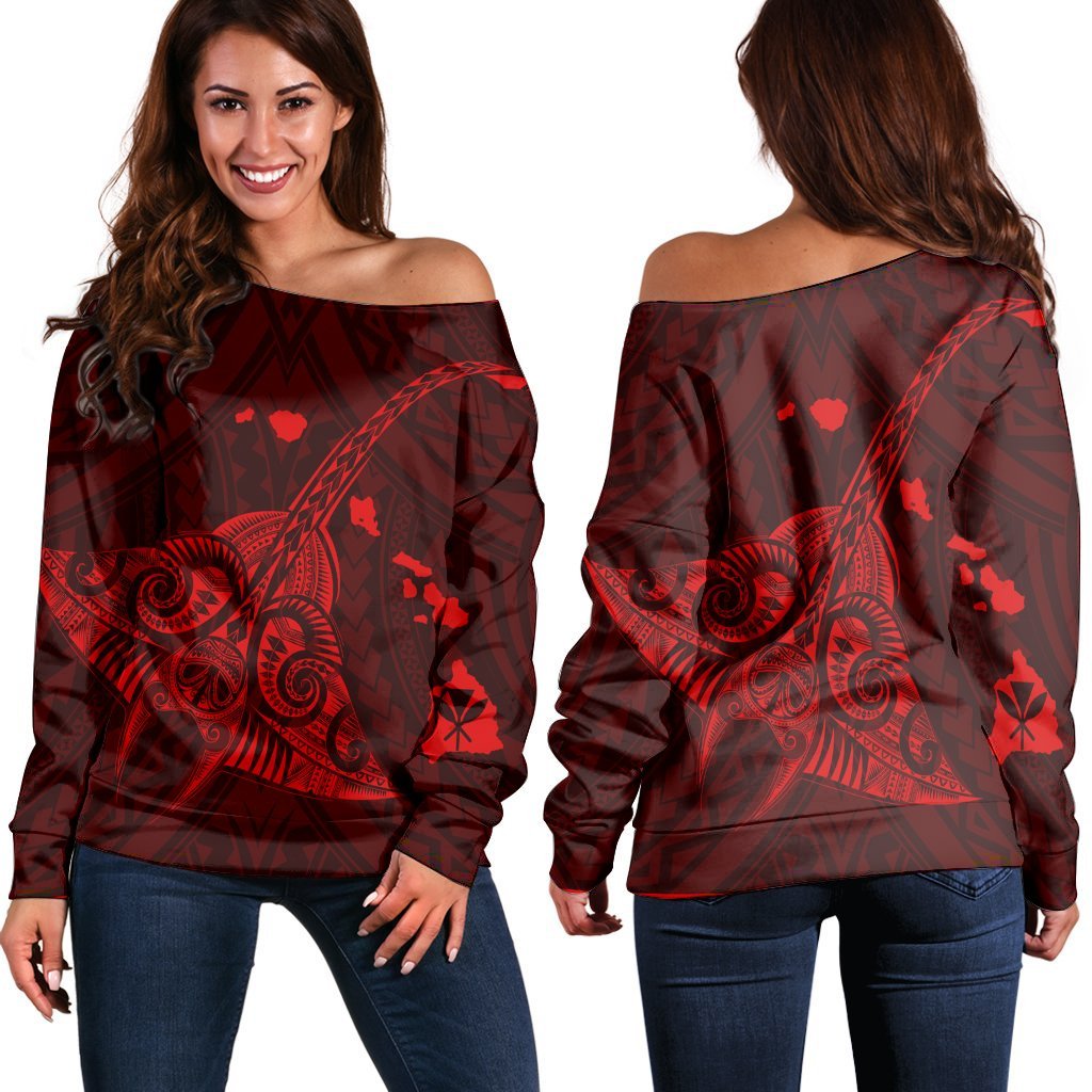 Hawaiian Map Kanaka Manta Ray Polynesian Women's Off Shoulder Sweater Red - AH Black - Polynesian Pride