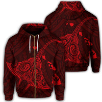 Hawaiian Map Kanaka Manta Ray Polynesian Zip Hoodie Red Unisex Art - Polynesian Pride